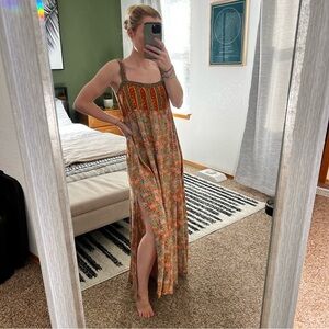 Natural Life Maxi Dress Womens XS Multicolor Floral Print Thigh Slit Midi Boho